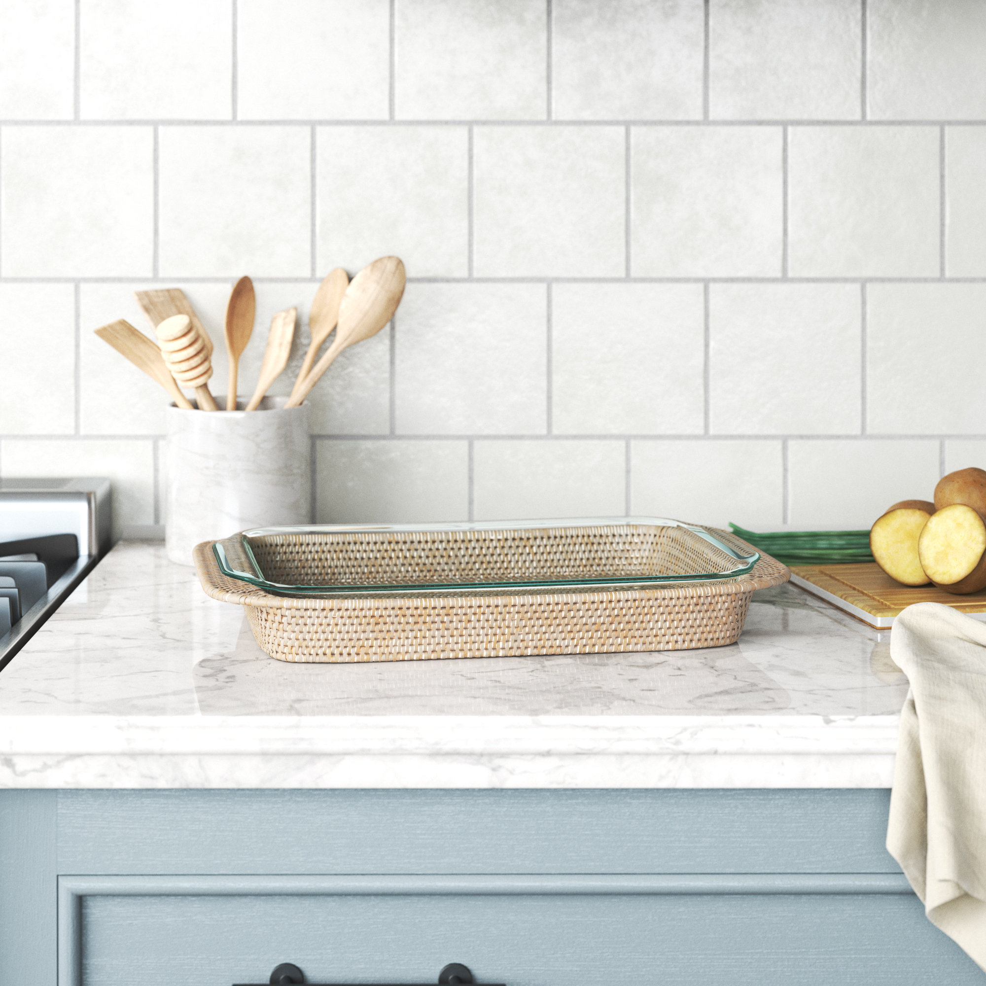 Camden Rattan Baking Dishes, White Wash, 2" H x 13" W x 9" D