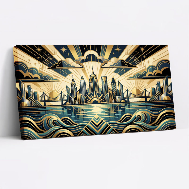 Ensemble de 1 tableau sur toile Art Déco représentant un paysage urbain, H 24 po x l 48 po