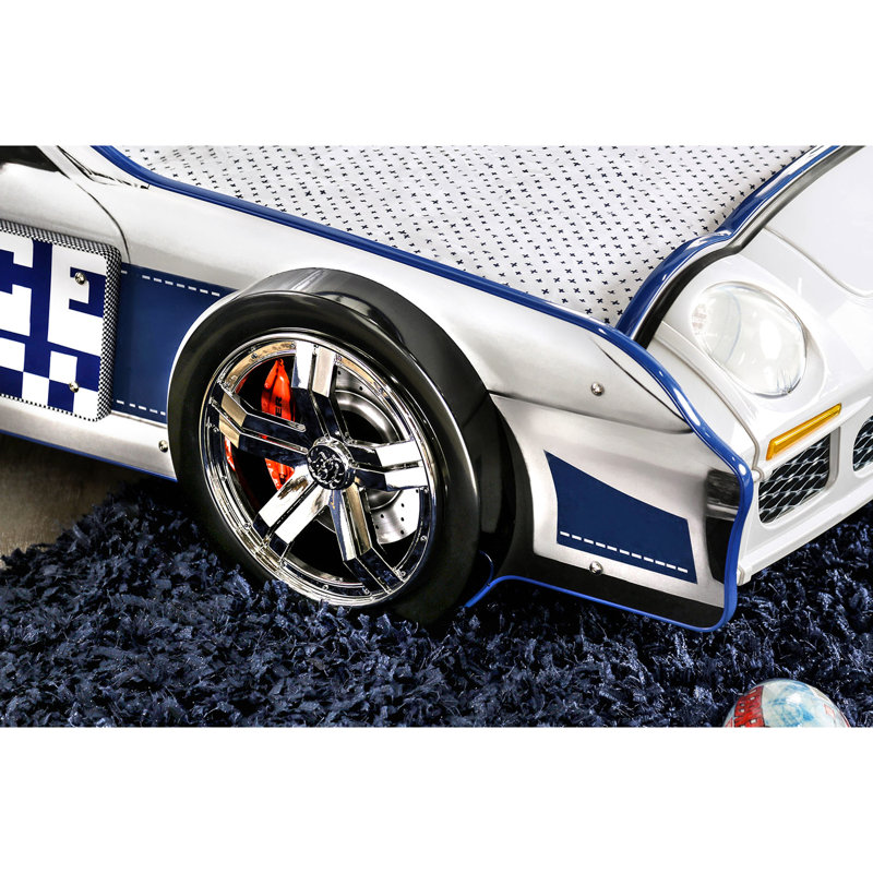 Lit simple moderne avec thème voiture, surface ultrabrillante, supports en métal, ensemble de lattes, bleu et blanc pour la conception de la chambre à coucher, décoration