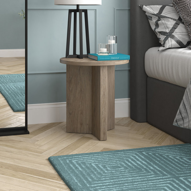Potbelly 20" Round Side Table with Cross Base in Antiqued Gray Oak | Mid-Century Modern Accent Table for Living Room or Bedroom
