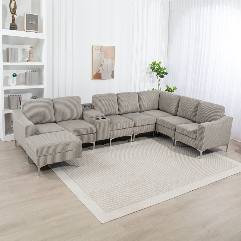 Ensemble de canapé modulaire rembourré en velours côtelé, Velours côtelé gris, H 35,43 po x l 106 po x P 95,67 po