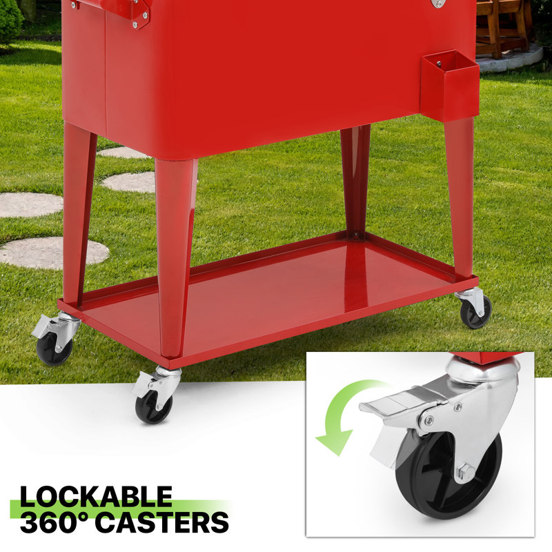 Red Steel 80 Quart Rolling Cooler Cart with Bottle Opener
