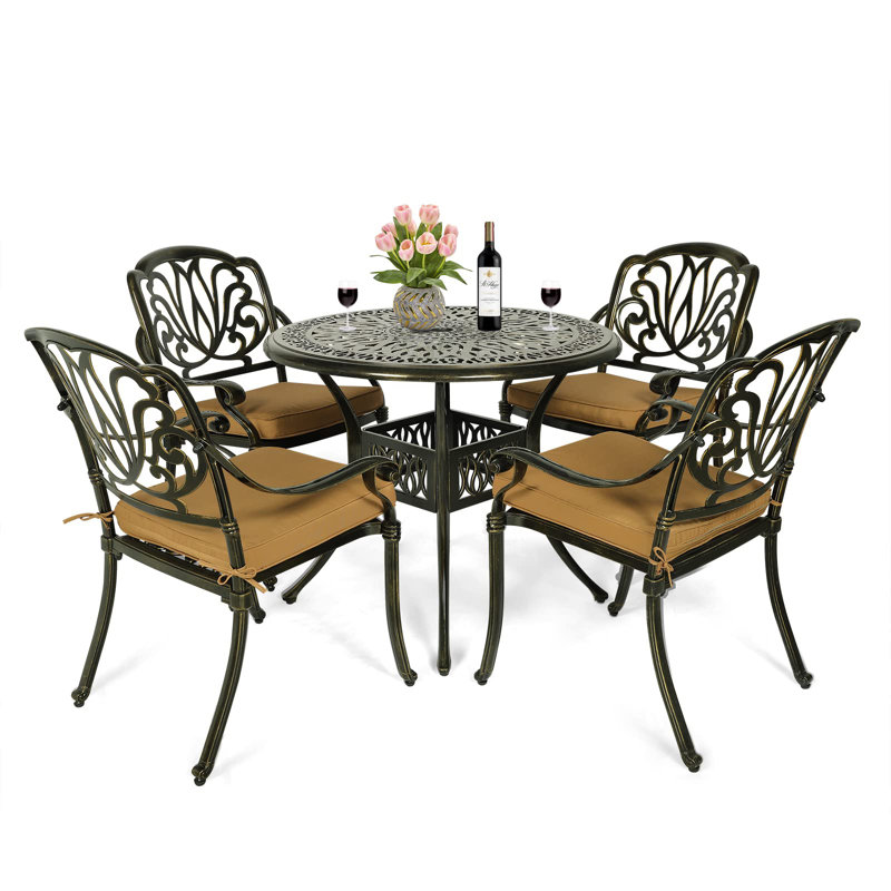 4 - Person Patio Dining Set with Round Table , Cushions Included, Khaki