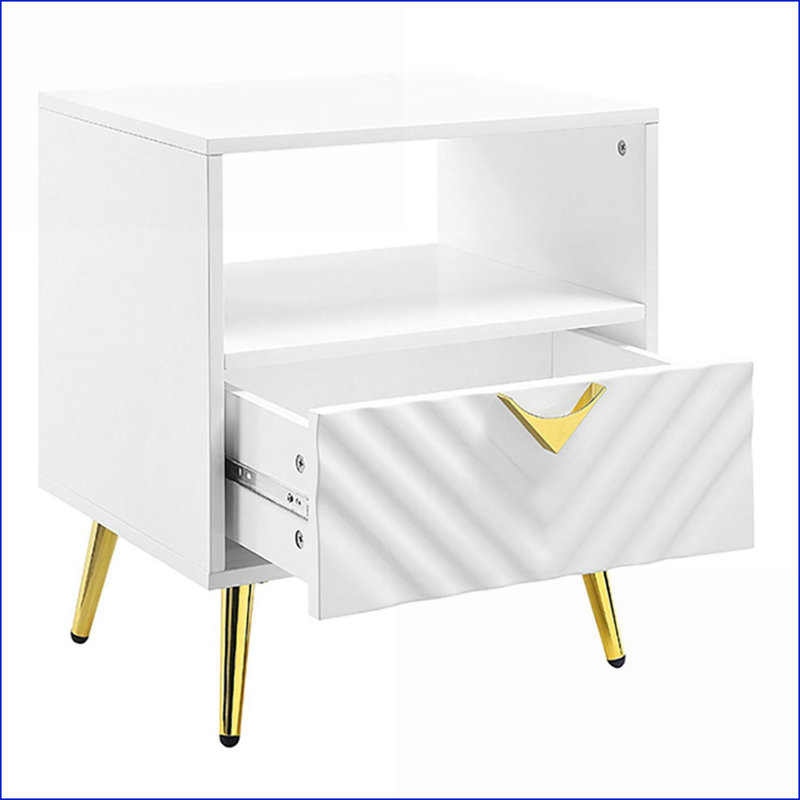Table basse blanche brillante avec tiroir et tablette, rangement polyvalent pour les espaces de salon