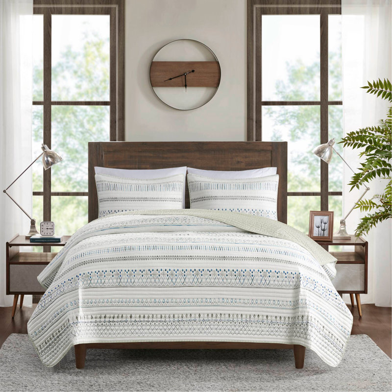 Ensemble de courtepointe en microfibre imprimé 3 pièces taupe / bleu double / grand