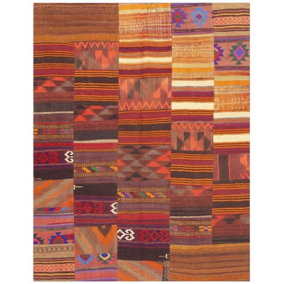Tapis Kilim turc antique des années 1930, tissé à plat, à motifs géométriques multicolores, de style village, de 203 cm x 259 cm.