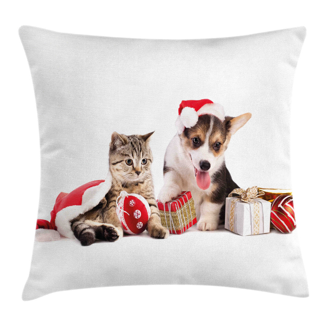 Kissenbezug, Hund Katze mit Geschenken, Weihnachten, Braun Weiß Rot