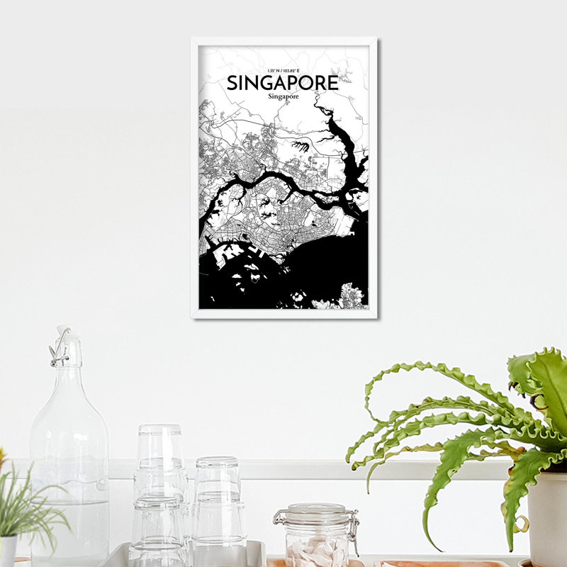 Carte de la ville de Singapour, impression, H 17 po x l 11 po, Noir / blanc