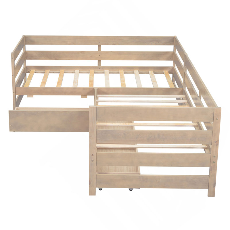 Lit plateforme simple en forme de L avec trois tiroirs de rangement, Naturel