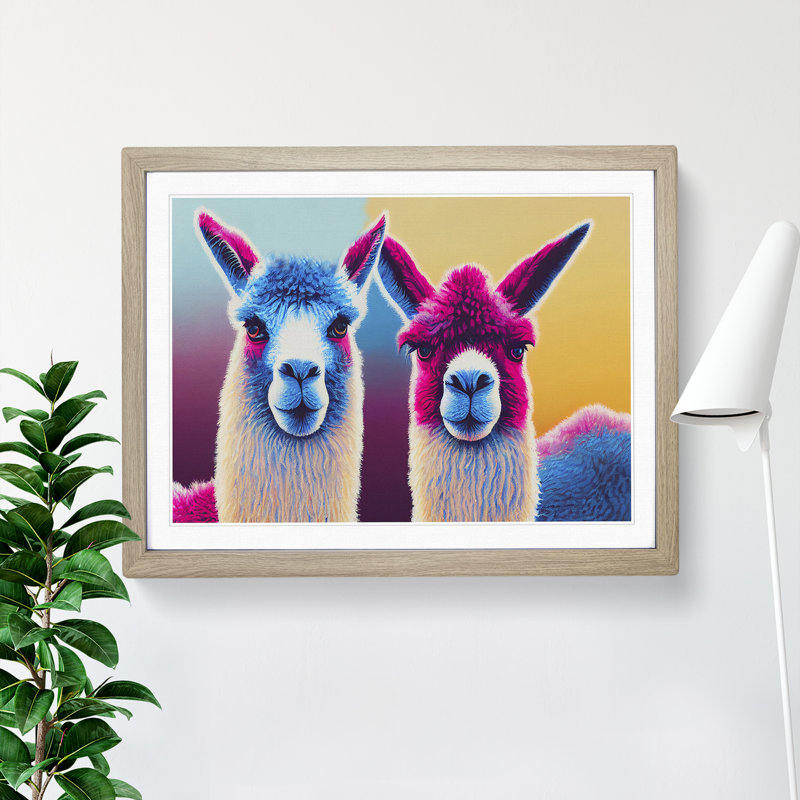 Colourful Llamas Vol.3 - Painting, 34cm H x 46cm W x 2cm D, Oak Framed