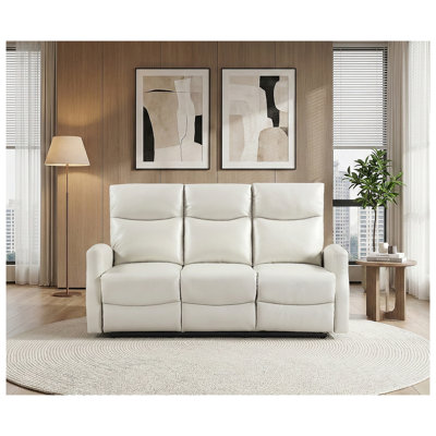 Canapé inclinable contemporain beige double avec poches latérales, revêtement en similicuir, mobilier de salon 3 places