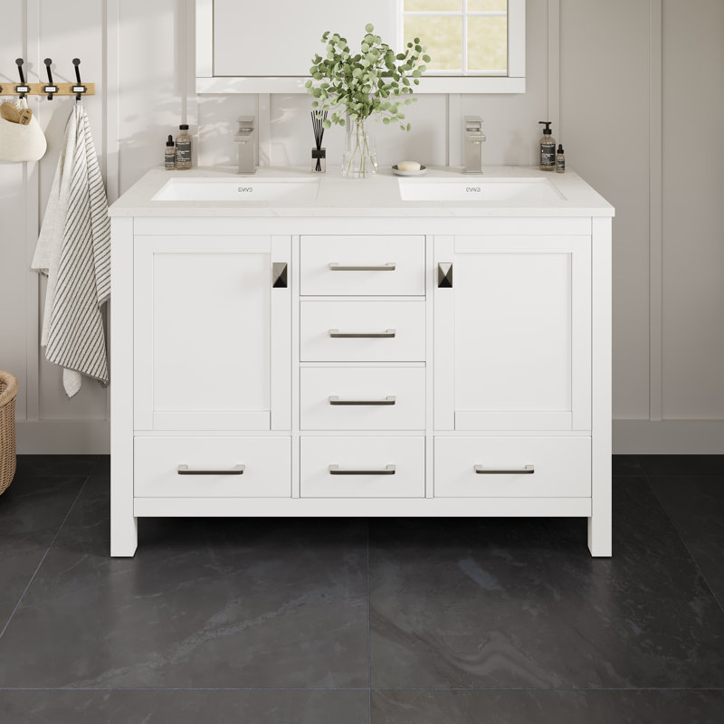 Eviva London 48"W X 18"D Double Sink Bathroom Vanity With White Carrara Quartz Countertop And Undermount Porcelain Sinks, 48"