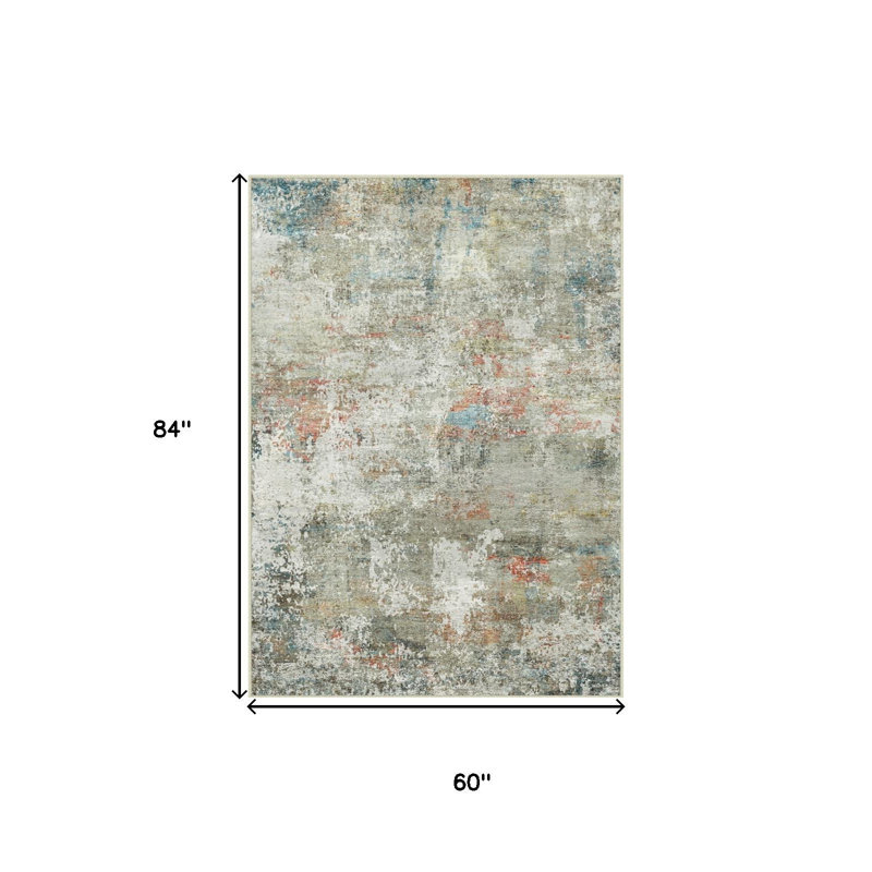 Tapis lavable abstrait vert clair et bleu 5 pi x 7 pi ivoire