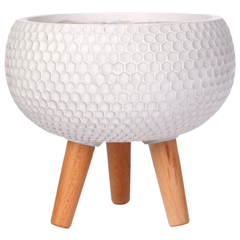 Concrete Effect Bowl Planter on Hardwood Legs, Round Indoor Plant Pot Stand for Indoor Plants, Shallow Planter with Honeycomb Pattern