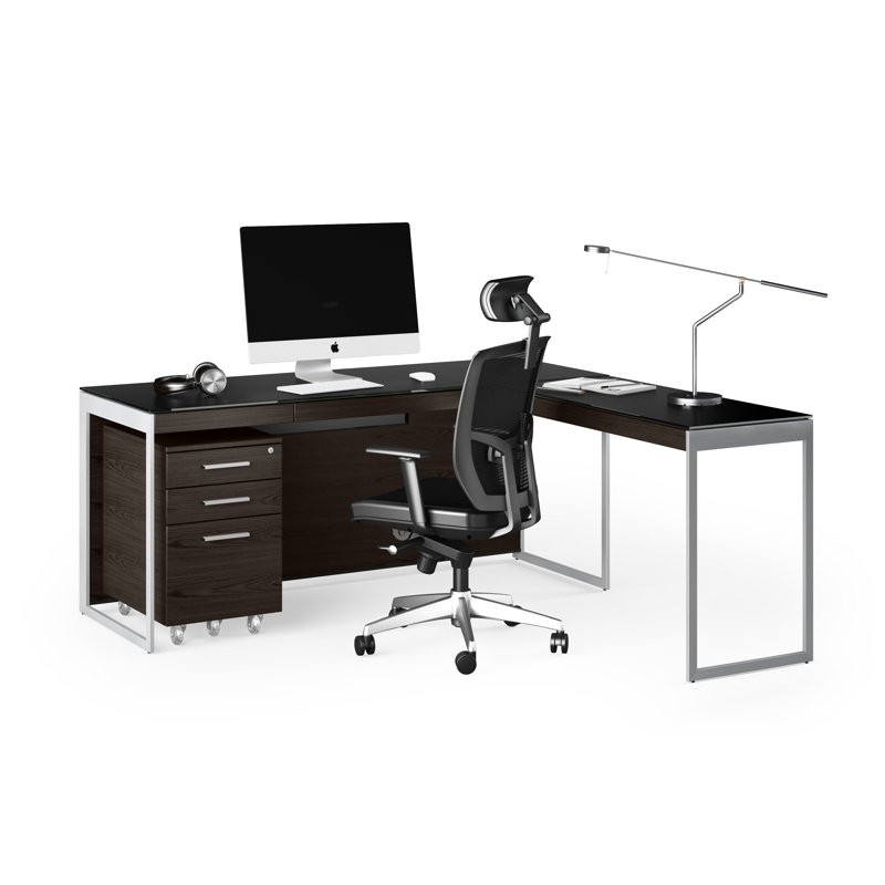 Sequel 66'' Desk with Return, Charcoal Stained Ash/Satin Nickel
