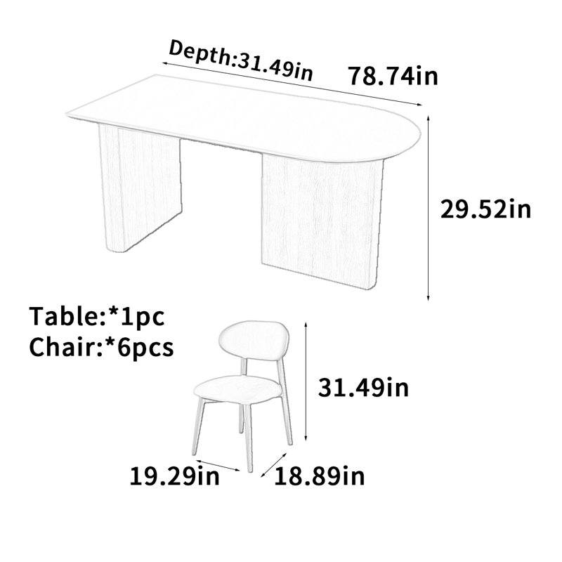 Table de salle à manger Scandinavian, H 29,52 po x L 78,74 po x l 31,49 po