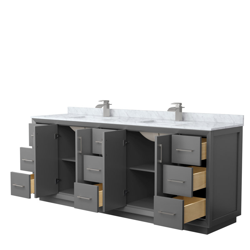 84'' Double Bathroom Vanity with Genuine Marble Top, Dark Gray, Gray