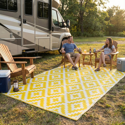 Geo Aztec Outdoor Camping Rug - Waterproof, Fade Resistant, Reversible - Recycled Plastic - Camping RV Balcony Glamping Deck Pool - Aztec Yellow/White