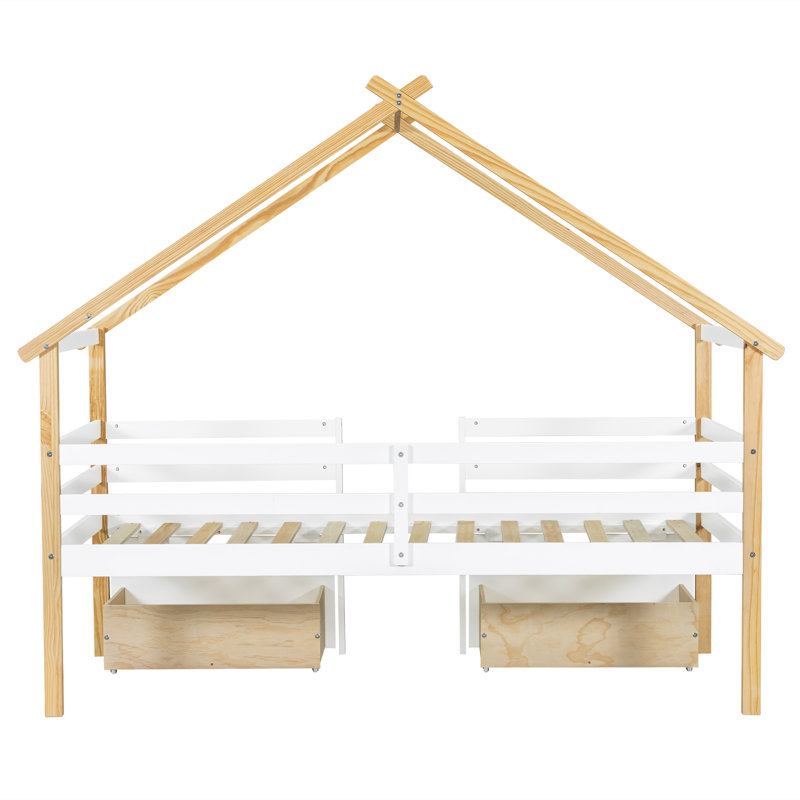 Playful House Bed With Storage Drawers - 3Ft Single Children's Bed In White & Natural