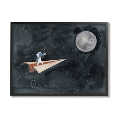 Paper Airplane Flying in Outer space Astronaut Moon Black Framed Giclee Texturized Art by Rachel Nieman