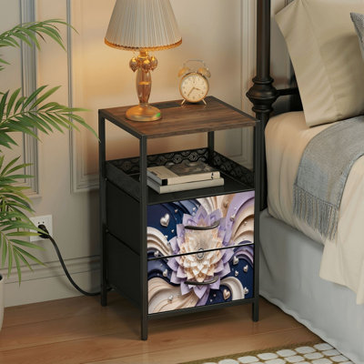 Table de chevet 2 tiroirs avec station de charge, table de chevet pour chambre à coucher avec ports USB, tablette ouverte noire, table de chevet avec coeurs métalliques de fleurs de lotus pastel, impression sur papier marine