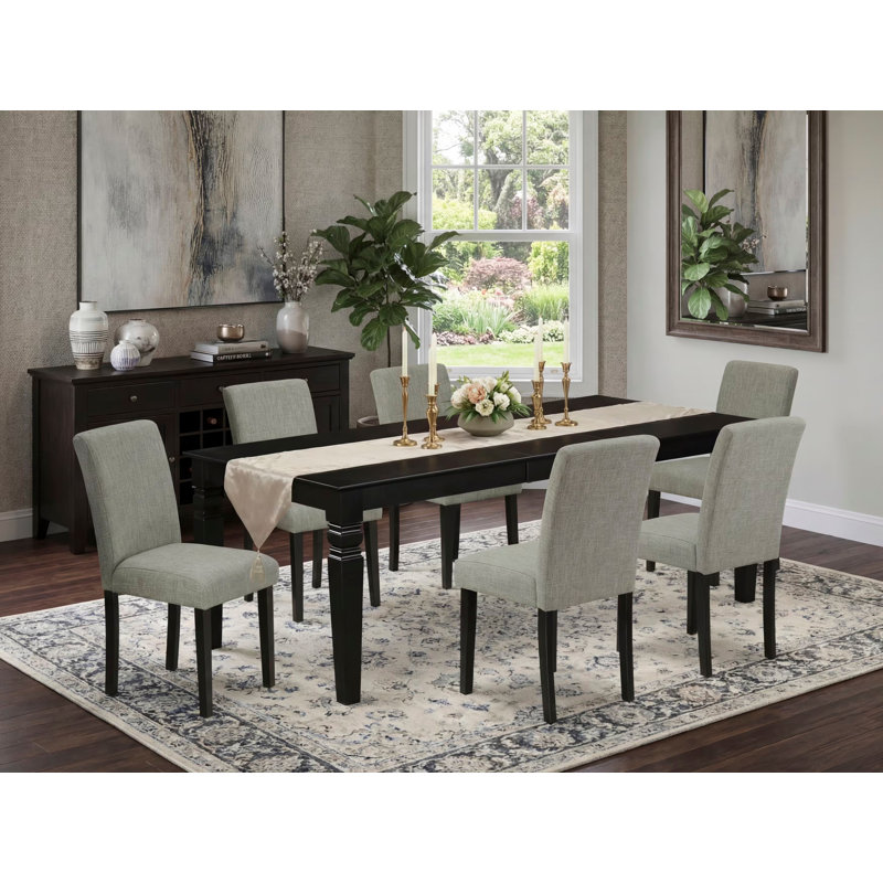 7 Piece Dining Room Table Set consists of a rectangular wooden table with Butterfly Leaf and 6 Shitake Linen Fabric Upholstered Chairs, Black
