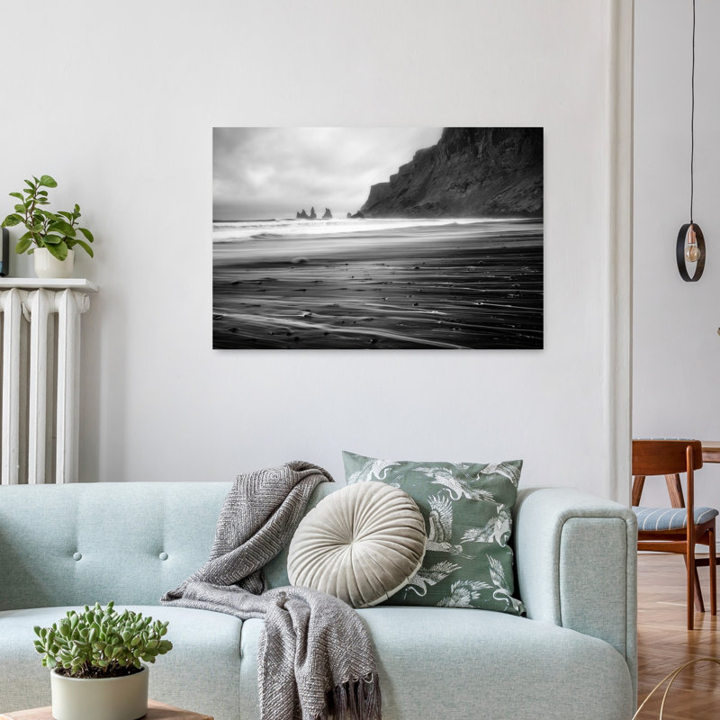 Black Beach Sea Stacks Dramatic Serene Tranquil Coastal Wall Art Print 1 Piece Wrapped Canvas Wall Art, 60.96cm H x 91.44cm W