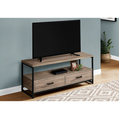 48 Inch Console Tv Stand, Dark Taupe Wood Look, Black Metal, 2 Drawers & Bedroom Media Equipment Storage, For Living Room, Accommodates 70-79 Tvs Stand With Finish And Metal Frame, Drawers, Room