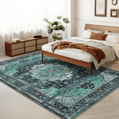 Vintage 2x6 Washable Runner Rug – Non-Slip Non-Shedding Foldable Distressed Traditional Carpet for Kitchen Bedroom Entryway Bathroom Brown/Green.