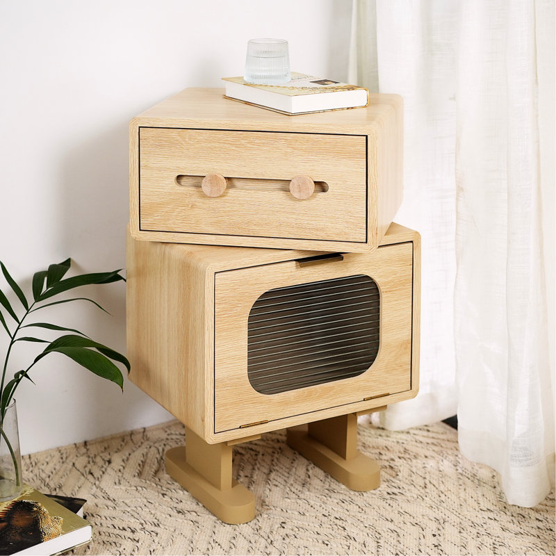 Table d'appoint rotative avec finition naturelle avec armoire en verre, tiroir pratique et base de circulation d'air pour petits espaces