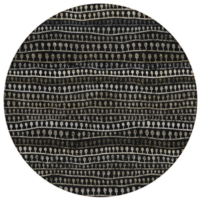 8' Taupe Charcoal And Gray Round Striped Washable Indoor Outdoor Area Rug