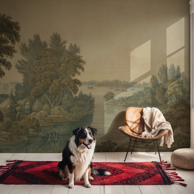Papier peint mural panoramique vintage représentant un paysage de rivière et de forêt