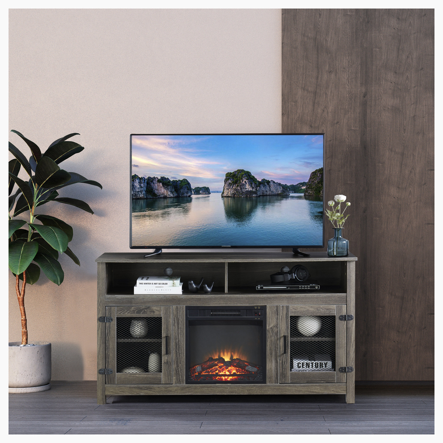 Gracie Oaks Modern Farmhouse TV Stand With Electric Fireplace,Flat