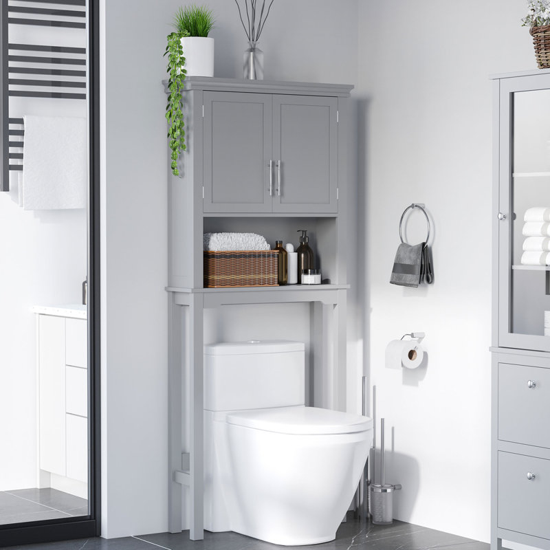 Armoire de rangement moderne au-dessus de la toilette en gris, avec tablette intérieure réglable et salle de bain à aire ouverte - place grise