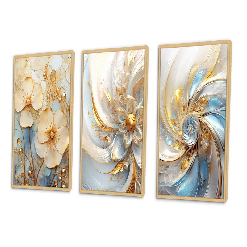 «Blossoming White Retro Violets», 3 pièces sur toile, Cadre naturel flottant, H 32 po x l 48 po