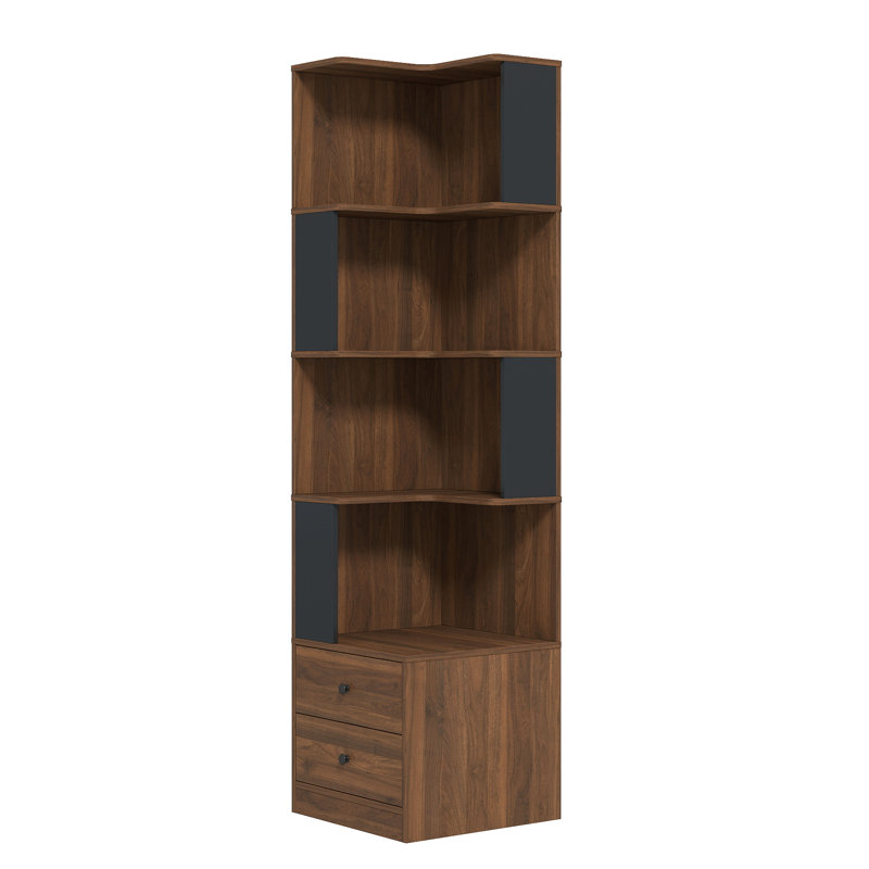 Bibliothèque d'angle à 4 niveaux avec tiroirs et lumières DEL, présentoir en forme de L avec chicane - rangement compact pour le salon, le bureau à domicile et la chambre à coucher