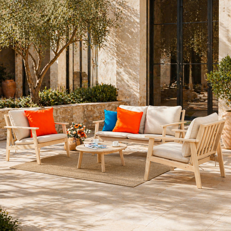 Solid Acacia Wood Garden Sofa Set With Coffee Table, Outdoor Patio Lounge Furniture, 4 Pcs: Table, 2 Chairs, Loveseat