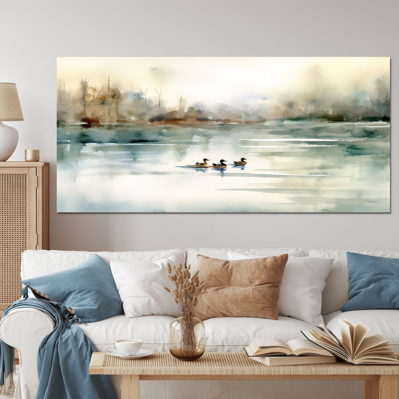 Ducks In Pond I On Canvas Print, No Frame, 28" H x 60" W, Wrapped Canvas