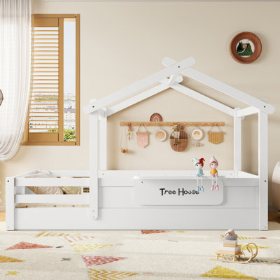 Lit simple au sol avec garde-corps et toit, lit pour enfant avec petit plateau intégré et enseigne à installation gratuite, conception enfantine, blanc