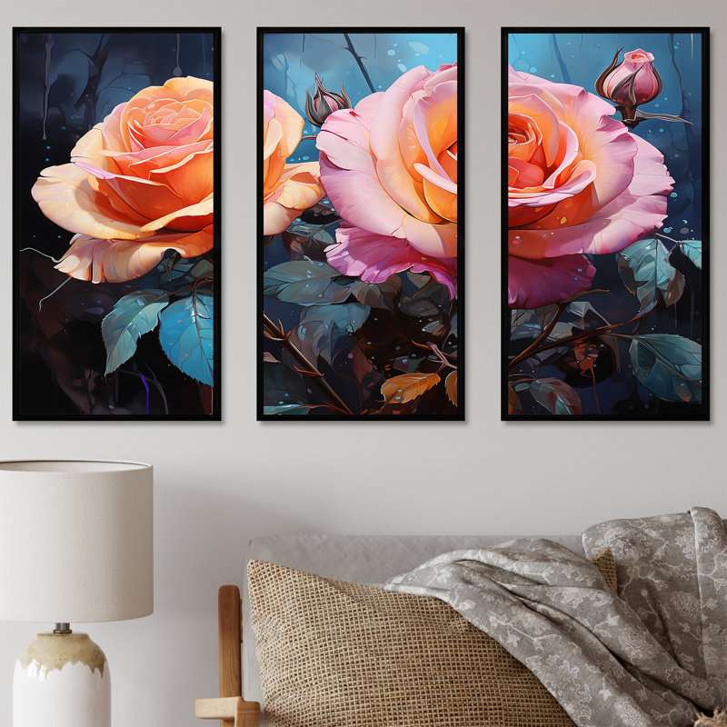 Minimalisme, roses roses, rêve III - ensemble de reproductions d'art mural roses, Cadre flottant noir