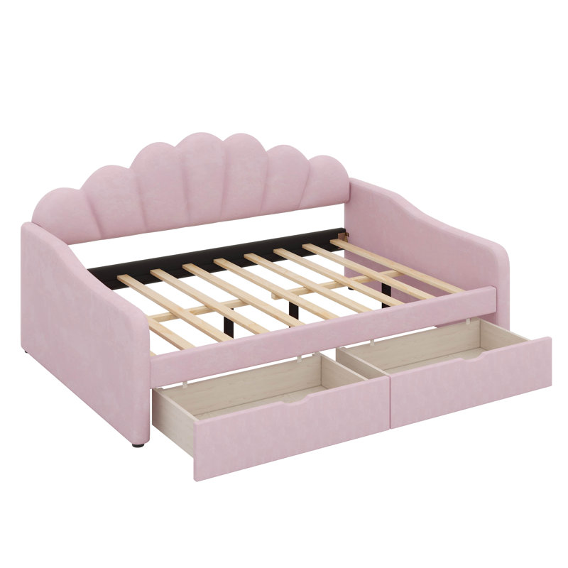 Structure de lit de jour double rembourrée avec dossier de forme basse et 2 tiroirs, Rose