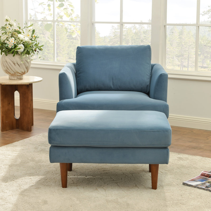 Fauteuil avec repose-pieds l 35 po Miller, Velours bleu