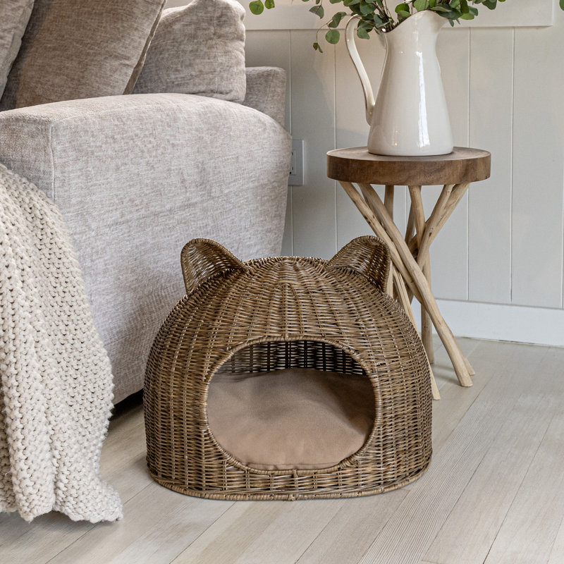 Lit pour chat en rotin tissé à la main avec coussin lavable à la machine Emiliann, Brun