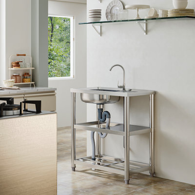 17 Stories W Single Bowl Stainless Steel Freestanding Kitchen Sink with 2 Faucet Holes