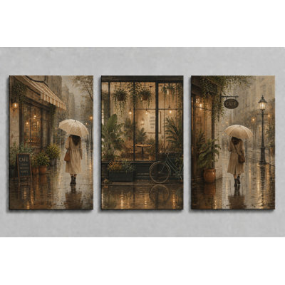 Large Set of 3 Rainy Paris Cafe Wall Art Vintage Coffee Shop Canvas Prints for Kitchen Dining Room Cafe Decor 16x24 Inch Canvas Print - Ready to hang