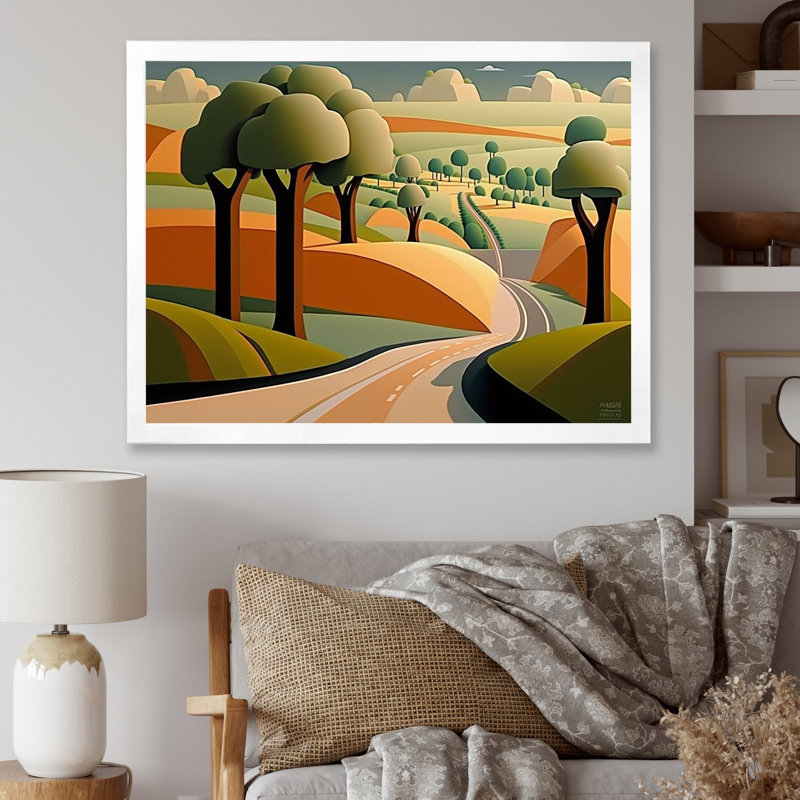 Paysage abstrait de la route vers les montagnes rustiques sur toile, H 34 po x l 44 po x P 1,5 po, Cadre photo blanc