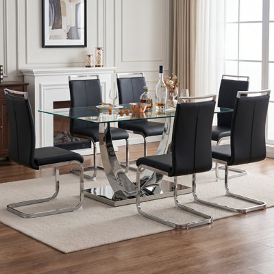 Ensemble de salle à manger 7 pièces rectangulaire moderne en verre trempé avec base en métal et chaises en porte-à-faux en similicuir