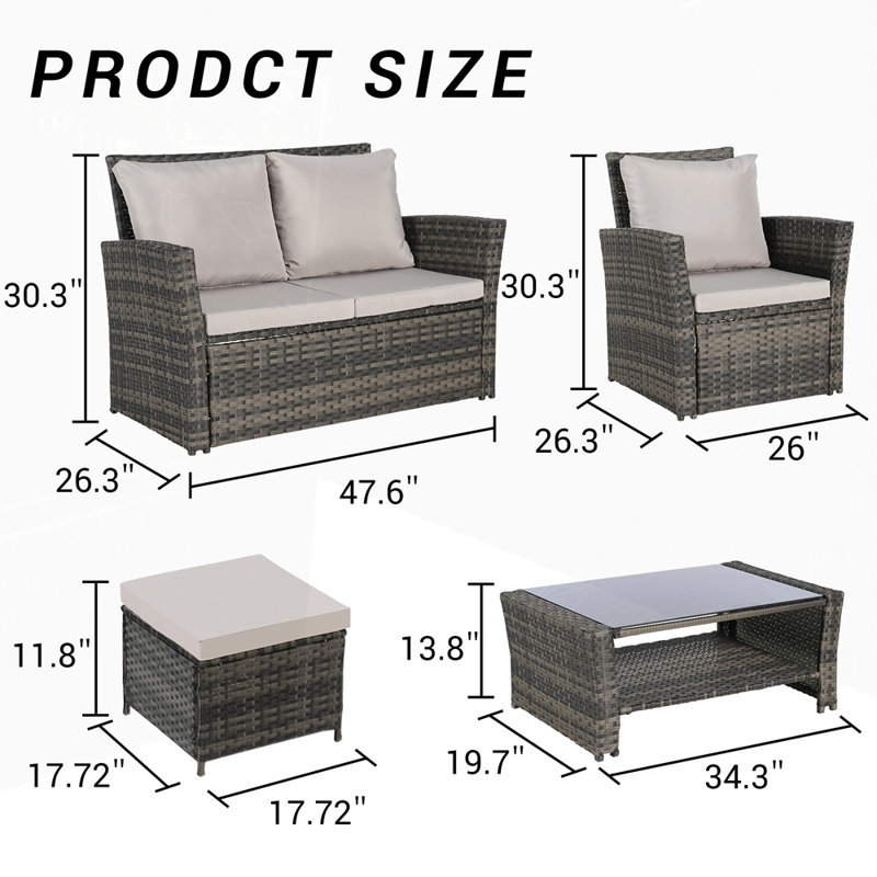 6 Piece Wicker Patio Furniture Sets with Ottoman and Tempered Glass Coffee Table, Light Gray