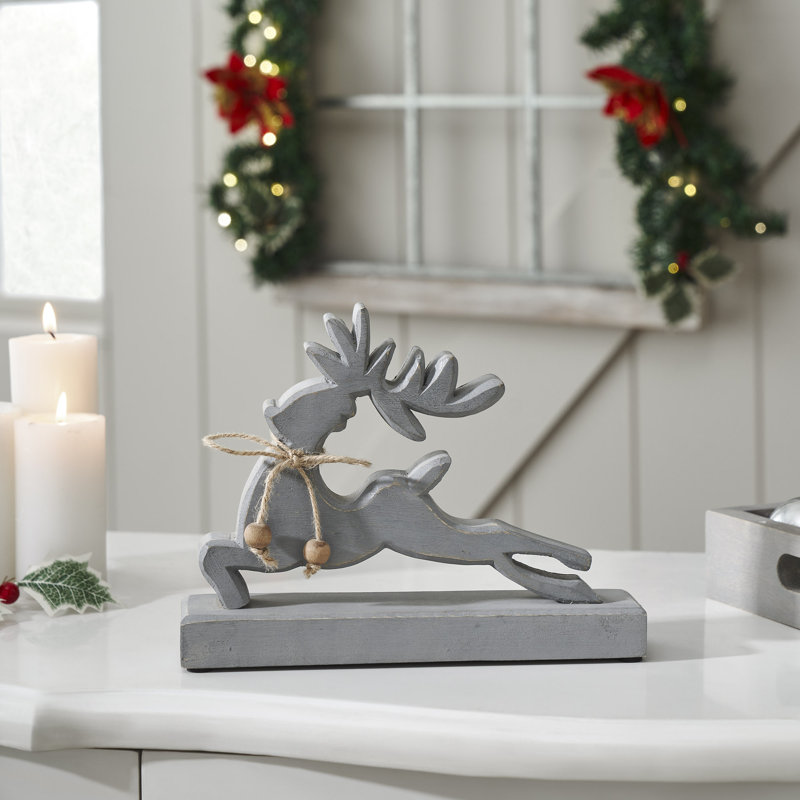 À travers les rennes de bois gris patiné 7 x 9 x 2