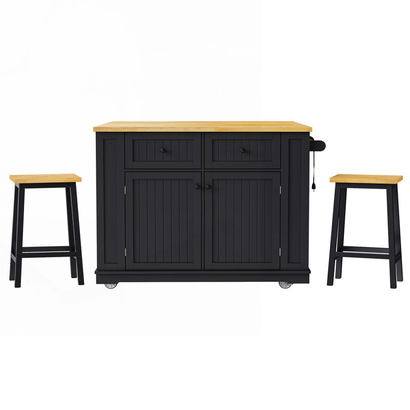 48-Inch Kitchen Island - Folding Kitchen Leaf + Electrical Outlet + 2 Bar Stools, 5-Wheel Rolling Kitchen Storage Cart With 5 Side Shelves